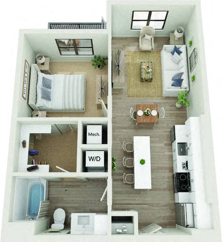 Floor plan for 1 bed, 1 bath, 679 sqft